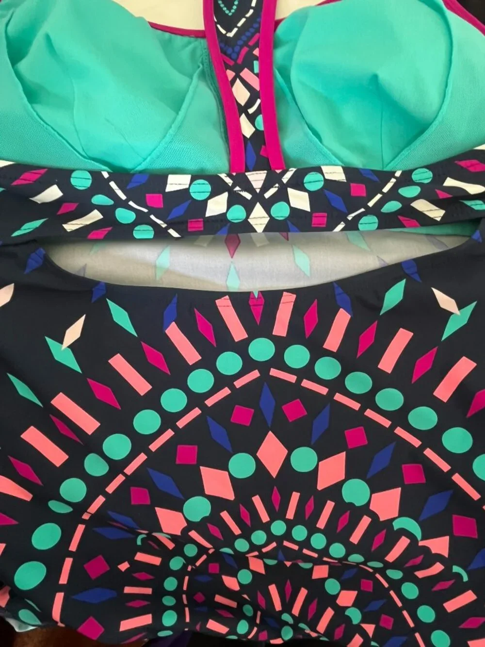 Title Nine Geometric Tankini Swim Top Size Medium M Navy Blue Pink Racerback